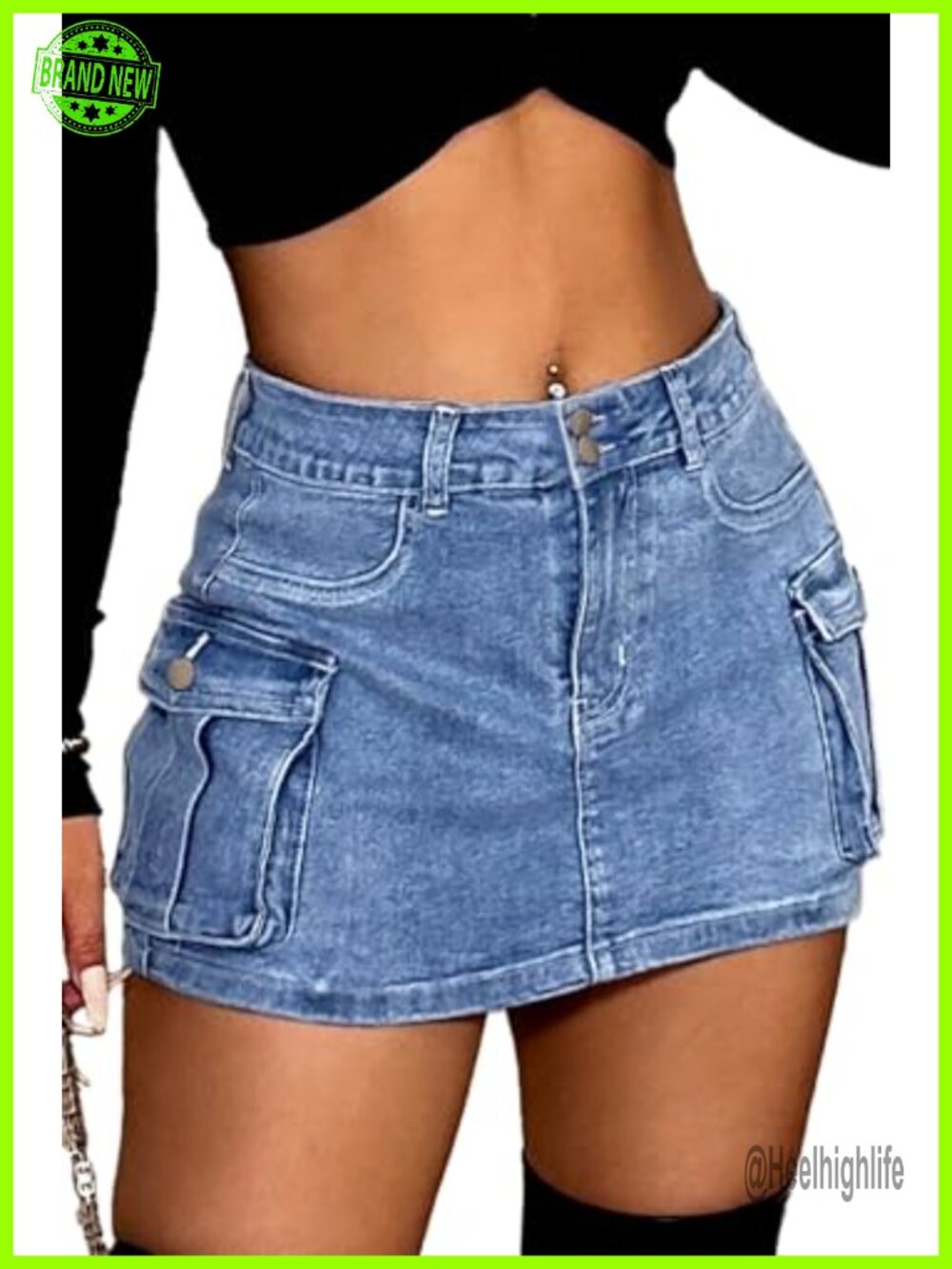 High Stretch Denim Cargo Skort Y2K Jean Skirt Mini Flap Pockets